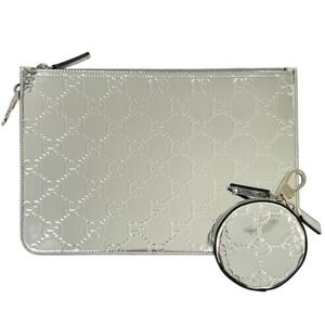 GUCCI GG Shima Mirror Effect Circle Pouch Clutch Bag Set 812339 Silver Color ...